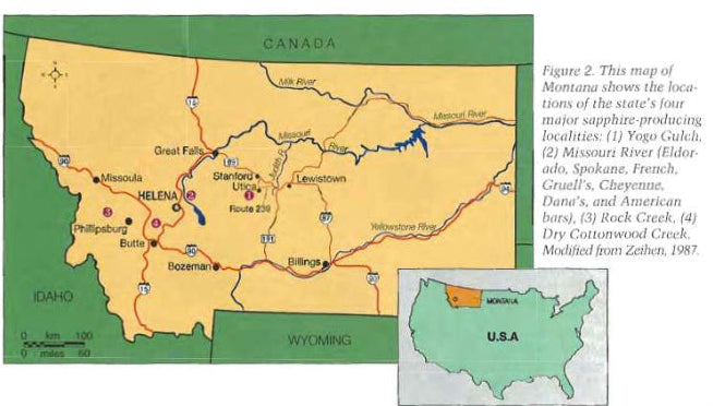 Map of Montana showing major sapphire-producing locations with inset of USA map.